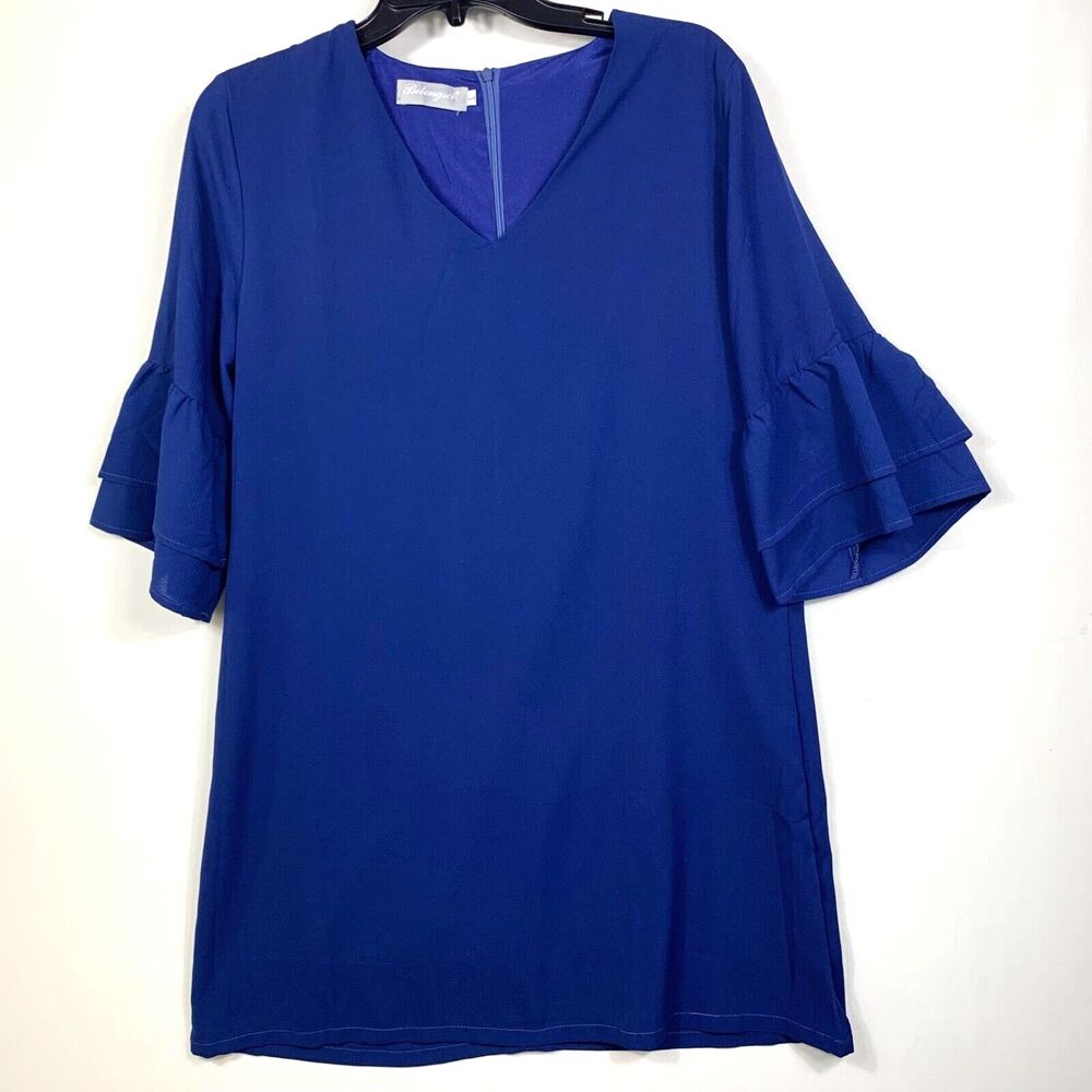Belongsci Dress Womens Large Blue V Neck Bell Angel Flutter Sleeve Mini Retro